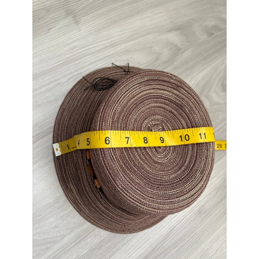 Croft & Barrow Hat Womens Brown Striped Woven Straw Sun Hat Wood Beads Cloche